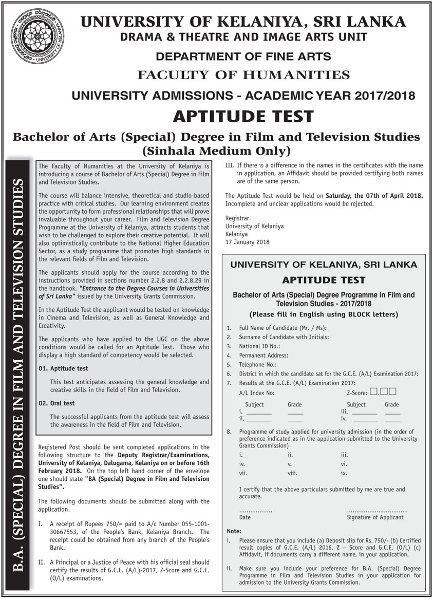 Bachelor of Arts (Special) Degree in Film & Television Studies (Sinhala Medium Only) - Department of Fine Arts - University of Kelaniya 